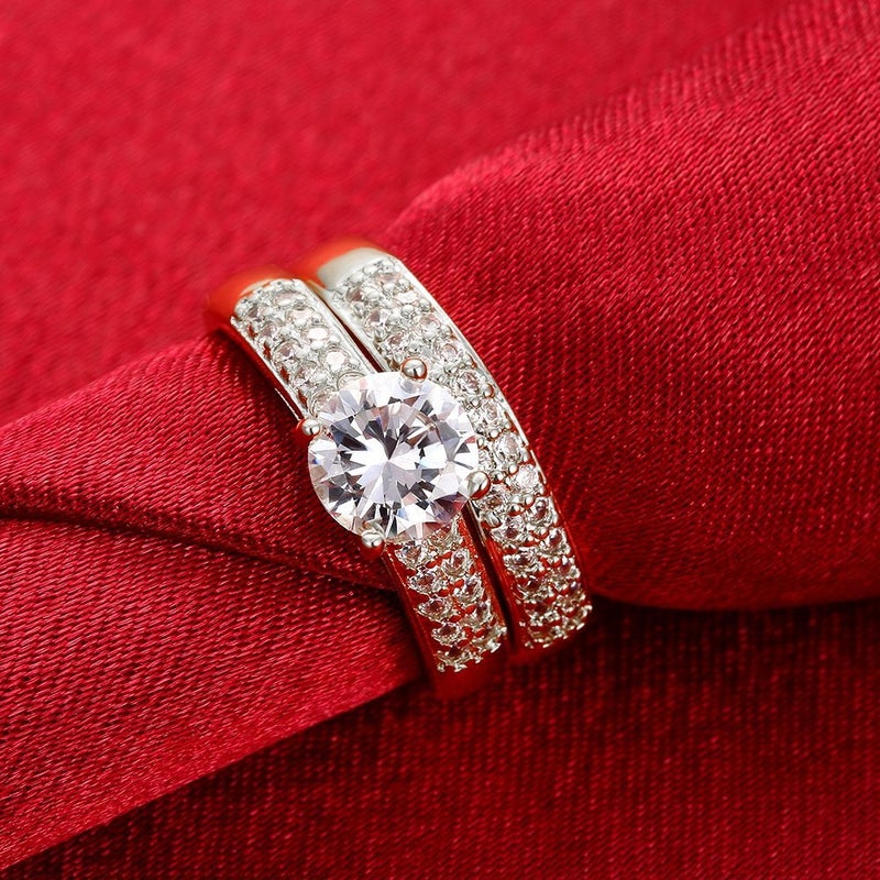 Uloveido مجموعة خواتم الزفاف للنساء من أولوفيدو بلون فضي مع ألماس مزيف من الكريستال زركونيا المكعب، فكرة هدايا عيد ميلاد للصديقة (فضي مقاس 8) KR005 - Image 4
